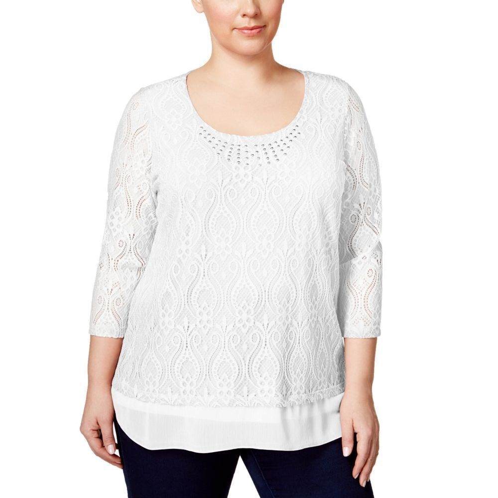 New! JM COLLECTION Women's Plus Size Studded Crocheted White Tunic Top Blouse
